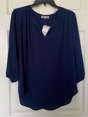Pleione Deep Navy Split-Neck 3/4 Sleeve Blouse